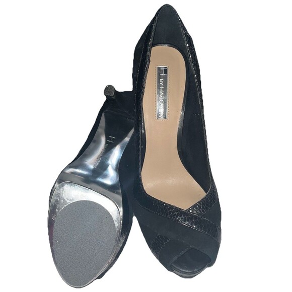 H by Halston Black Suede Snake Accents Platform Peep Toe Stiletto Women's Size 6 - Picture 4 of 10